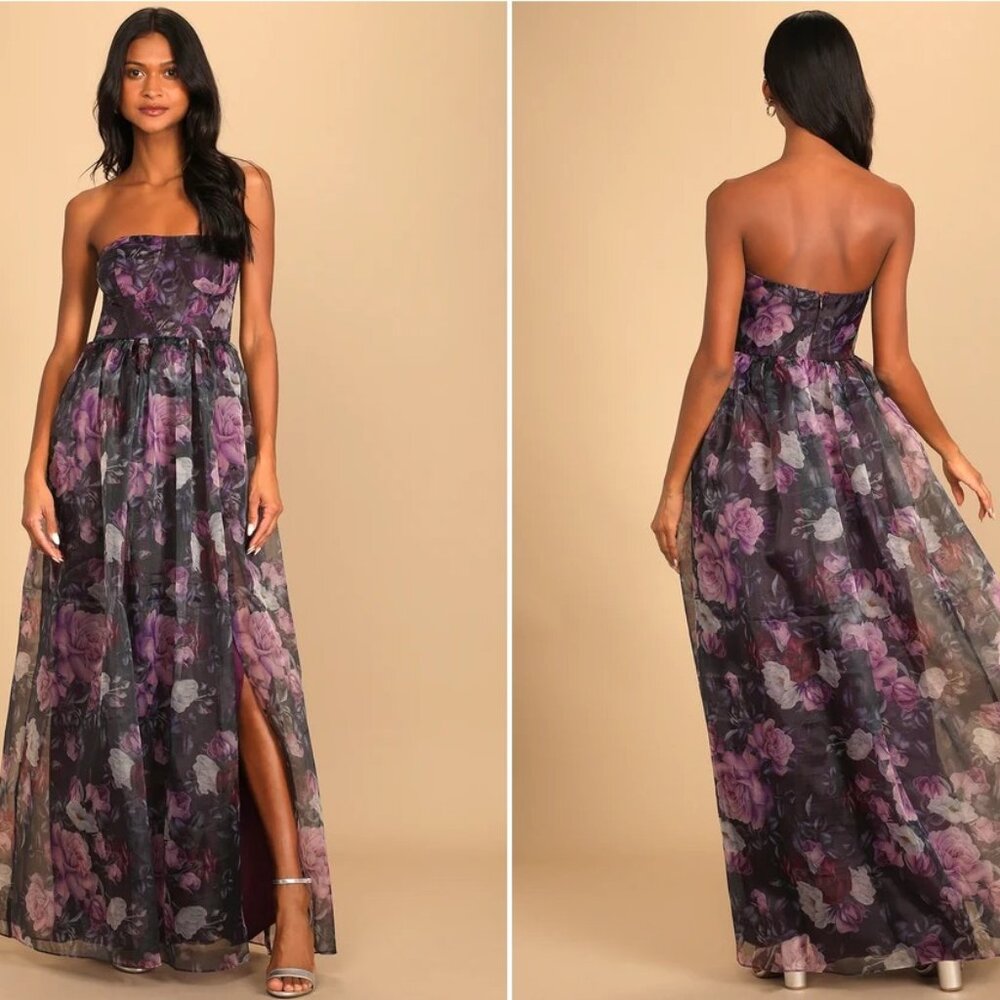 Wonderful Waltz Purple Floral Print Strapless Bustier Maxi Dress